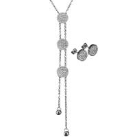 Stainless Steel Jewelry Set, earring & necklace, with Rhinestone Clay Pave, with 2Inch extender chain, Flat Round, oval chain & for woman, original color, 12x12mm, 2mm, 12x12mm, Length:Approx 21 Inch, Sold By Set