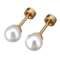 Stainless Steel Piercing Earring, with Glass Pearl, gold color plated, for woman, 4x4x13mm, 12Pairs/Lot, Sold By Lot