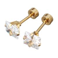 acier inoxydable piercing oreille, avec cristal, Placage de couleur d'or, pour femme & facettes, 7x7x14mm, 12pairescouple/lot, Vendu par lot
