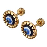 Stainless Steel piercing ørering, med Resin, Flower, guldfarve belagt, onde øje mønster & for kvinde, 10x10x12mm, 12par/Lot, Solgt af Lot