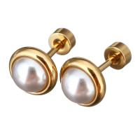 Rustfrit stål Ear Piercing Smykker, Stainless Steel, med Glass Pearl, guldfarve belagt, for kvinde, 8x8x13mm, 12par/Lot, Solgt af Lot
