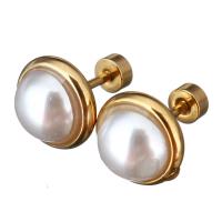 Rozsdamentes acél Ear Piercing ékszerek, Stainless Steel, -val Glass Pearl, arany színű aranyozott, a nő, 10x10x14mm, 12párok/Lot, Által értékesített Lot