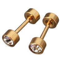 Stainless Steel Ear Piercing Jewelry, gold color plated, for woman & with rhinestone, 4x4x12mm, 12Pairs/Lot, Sold By Lot