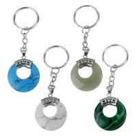 Brass Key Chain, with Gemstone, Donut, silver color plated, different materials for choice, 28.5x33x7mm, 25mm, Sold By PC