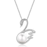 925 Sterling Silver Pendant with Plastic Pearl Swan silver color plated with rhinestone Sold By PC