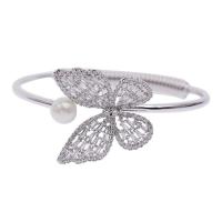 Brass Cuff Bangle with ABS Plastic Pearl Butterfly plated Korean style & adjustable & micro pave cubic zirconia & for woman nickel lead & cadmium free Inner Approx 60mm Sold By PC