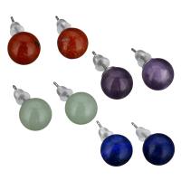 Brass Stud Earring, with rubber earnut & Gemstone, Round, silver color plated, different materials for choice, 8.50x8.50mm, Sold By Pair
