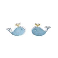 925 Sterling Silver Stud Earrings, Whale, for woman & enamel, 8.80x5.70mm, Sold By Pair