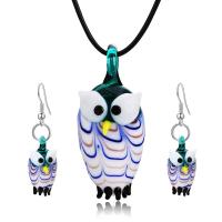 Lampwork smycken uppsättningar, örhänge & halsband, med läder sladd, Owl, för kvinna, blå, 45,4.8,2.5cm, Säljs av Ställ