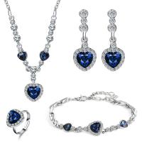 Tibetan Style Jewelry Sets, finger ring & bracelet & earring & necklace, with Crystal, with 5 extender chain, Heart, plated, for woman & with rhinestone, blue, 3.2x1cm,2.5x1cm,22cm,1cm, Length:Approx 20 Inch, Sold By Set
