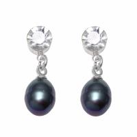 Freshwater Pearl Earrings with Rhinestone brass post pin Teardrop natural black Sold By Pair