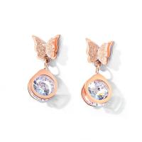 Stainless Steel Drop Earring Butterfly rose gold color plated for woman & with cubic zirconia 22mm Sold By Pair