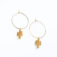 Tibetan Style Hoop Earring, Opuntia Stricta, gold color plated, for woman, lead & cadmium free, 20x57mm, Sold By Pair