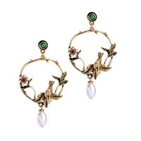 Boucles d'oreilles en alliage de zinc, avec perle de verre, Plaqué de couleur d'or antique, pour femme & avec strass, sans plomb et cadmium, 43x75mm, Vendu par paire