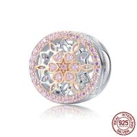 925 Sterling Silver European Beads, Flat Round, plated, micro pave cubic zirconia & without troll & hollow, 11x11mm, Hole:Approx 4.5-5mm, Sold By PC
