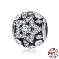 Thailand Sterling Silver European Bead, Star, plated, micro pave cubic zirconia & without troll & hollow, 11x10mm, Hole:Approx 4.5-5mm, Sold By PC