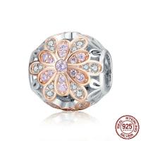 925 Sterling Silver European Beads, Flower, plated, micro pave cubic zirconia & without troll & hollow, 11x11mm, Hole:Approx 4.5-5mm, Sold By PC