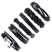 Faux Leather Bracelet Set, with Waxed Nylon Cord & Tibetan Style, Anchor, silver color plated, multilayer & Unisex & adjustable, Length:Approx 7 Inch, 6Strands/Lot, Sold By Lot