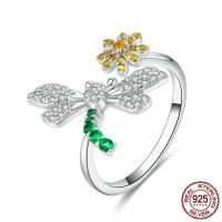 Cubic Zirconia Micro Pave 925 Sterling Silver Rings, Dragonfly, platinum plated, adjustable & micro pave cubic zirconia & for woman, 16x13mm, 2mm, US Ring Size:8, Sold By PC