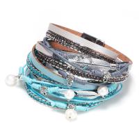 PU Leather Wrap Bracelet, with Glass Pearl & Tibetan Style, Leaf, antique silver color plated, for woman & with rhinestone & 2-strand, more colors for choice, 15mm, Sold Per Approx 14.8 Inch Strand