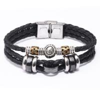 Cowhide Bracelet, with Hematite & Tibetan Style, stainless steel smooth buckle, 12 Signs of the Zodiac, plated, different styles for choice & for man, 13mm, Sold Per Approx 7.8 Inch Strand