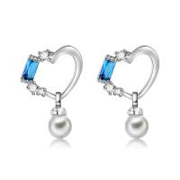 Brass Drop Earring with ABS Plastic Pearl silver color plated for woman & with cubic zirconia nickel lead & cadmium free Sold By Pair