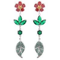 Brass Drop Earring sterling silver post pin Flower platinum color plated for woman & with cubic zirconia nickel lead & cadmium free Sold By Pair
