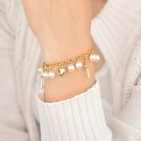 Stainless Steel Jewelry Bracelet with Plastic Pearl Cross gold color plated oval chain & for woman 20mm 10mm Sold Per Approx 6.7 Inch Strand