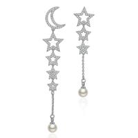Brass Asymmetric Earrings with ABS Plastic Pearl sterling silver post pin Moon and Star plated micro pave cubic zirconia & for woman nickel lead & cadmium free - Sold By Pair