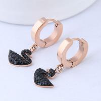 Titanium Steel Huggie Hoop Drop Earring Swan rose gold color plated for woman & with rhinestone lead & cadmium free Sold By Pair