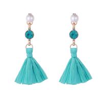 Zinc Alloy Tassel Earring with ABS Plastic Pearl & Cloth stainless steel post pin gold color plated folk style & for woman & with rhinestone lead & cadmium free Sold By Pair