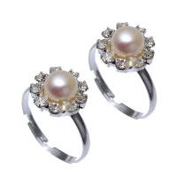 Freshwater Pearl Finger Ring with Brass & Iron Flower silver color plated with rhinestone white US Ring .5 Sold By PC