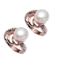 Messing Fingerring, mit Perlen, Rósegold-Farbe plattiert, für Frau & mit Strass, frei von Nickel, Blei & Kadmium, 9-10mm, 21x14x27mm, Größe:7, verkauft von PC