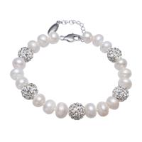 Freshwater Cultured Pearl Bracelet Freshwater Pearl with Clay Pave brass lobster clasp with 5cm extender chain Dome natural for woman & with rhinestone white 8-9mm Sold Per Approx 7 Inch Strand