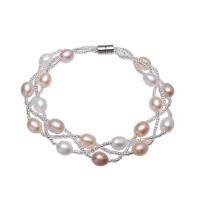 Bracelet en perles de culture d'eau douce, perle d'eau douce cultivée, avec perles de rocaille en verre, riz, Placage de couleur platine, pour femme, couleurs mélangées, 7-8mm, Vendu par Environ 7.5 pouce brin