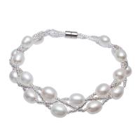 Bracelet en perles de culture d'eau douce, perle d'eau douce cultivée, avec perles de rocaille en verre & laiton, riz, Placage de couleur platine, pour femme, blanc, 7-8mm, Vendu par Environ 7.5 pouce brin