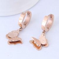 Titanium Steel Huggie Hoop Drop Earring, iron hoop earring, Butterfly, rose gold color plated, for woman, 28x12mm, Sold By Pair