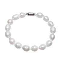 Bracelet en perles de culture d'eau douce, perle d'eau douce cultivée, avec laiton, riz, Placage de couleur platine, pour femme, blanc, 9-10mm, Vendu par Environ 7.5 pouce brin