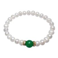 Freshwater Cultured Pearl Bracelet, Freshwater Pearl, with Agate & Brass, Potato, gold color plated, for woman & with rhinestone, white, 10mm, Sold Per Approx 6 Inch Strand