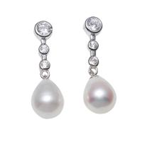 Freshwater Pearl Earrings, brass post pin, Teardrop, natural, for woman & with cubic zirconia, white, 8-9mm, Sold By Pair