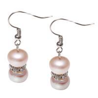 Freshwater Pearl Earrings brass earring hook Potato platinum color plated for woman & with rhinestone purple Sold By Pair