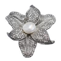 Freshwater Pearl Brooch with Zinc Alloy Flower platinum color plated for woman & with rhinestone white Sold By PC