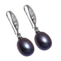 Freshwater Pearl Earrings, brass earring hook, Potato, for woman & with rhinestone, dark blue, 9-10mm, Sold By Pair
