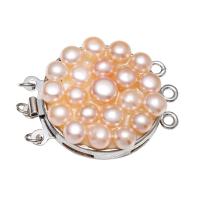 Brass Box Clasp, with Freshwater Pearl, Flat Round, 3-strand, pink, nickel, lead & cadmium free, 35x27x10mm, Hole:Approx 2mm, Sold By PC