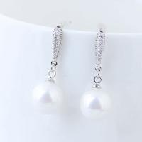 Brass Drop Earring with ABS Plastic Pearl sterling silver post pin plated for woman & with cubic zirconia Sold By Pair