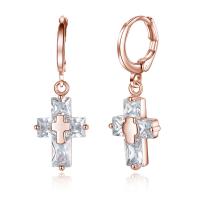 Brass Huggie Hoop Drop Earring, Cross, plated, for woman & with cubic zirconia, more colors for choice, nickel, lead & cadmium free, 32x12mm, Sold By Pair