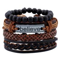 PU Leather Bracelet Set with Linen & Wood & Zinc Alloy antique silver color plated Unisex & adjustable &  nickel lead & cadmium free Length Approx 7 Inch Sold By Lot