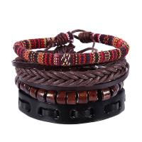 PU Leather Bracelet Set with Linen & Wood handmade Unisex & adjustable &  Length Approx 7 Inch Sold By Lot