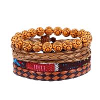 cuir PU Set de bracelet, avec Chanvre & bois, fait à la main, unisexe & réglable & 3 brins, Longueur:Environ 7 pouce, 4Strandstoron/lot, Vendu par lot