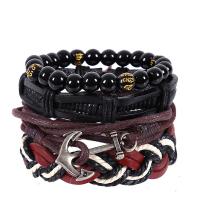 PU Leather Bracelet Set, with Glass Beads & Waxed Nylon Cord & Tibetan Style, Anchor, antique silver color plated, multilayer & Unisex & adjustable, nickel, lead & cadmium free, Length:Approx 7 Inch, 4Strands/Lot, Sold By Lot